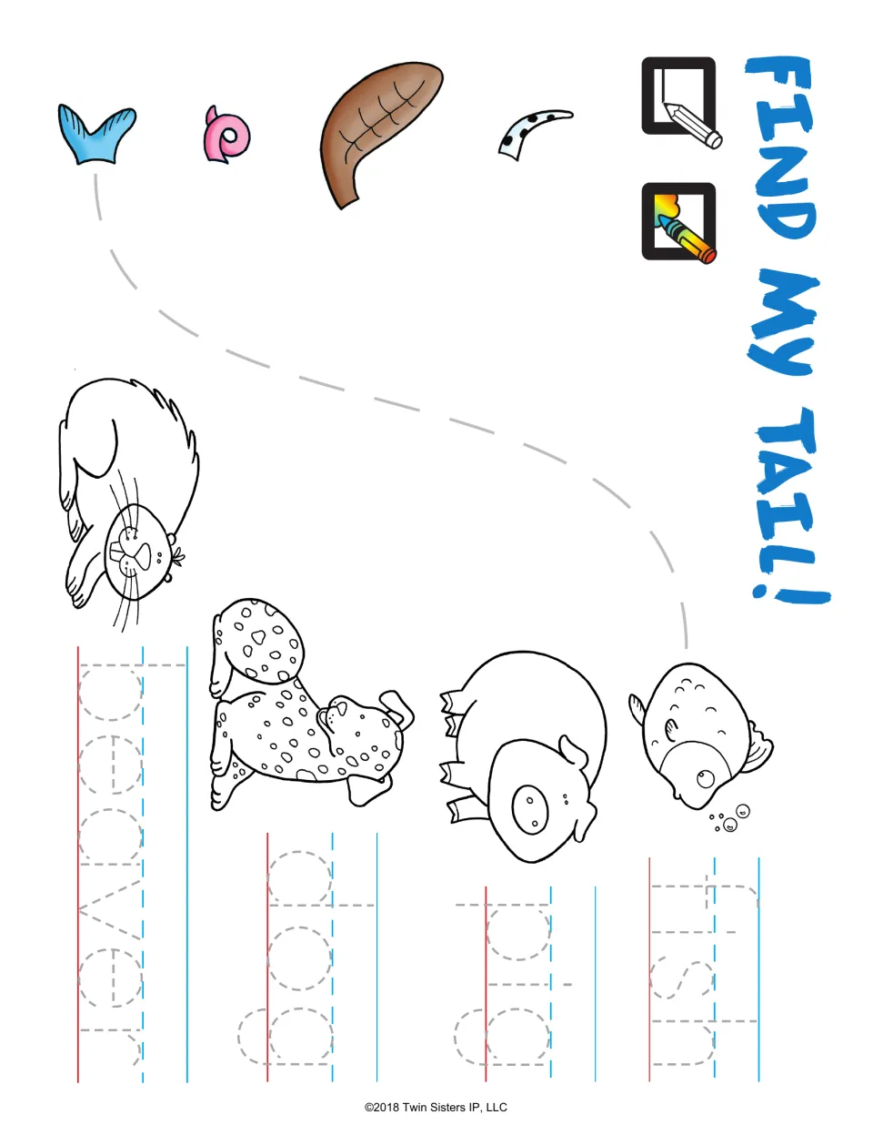 Find My Tail!: students match four tails to a beaver, leopard, pig and fish, then trace each animal's name
