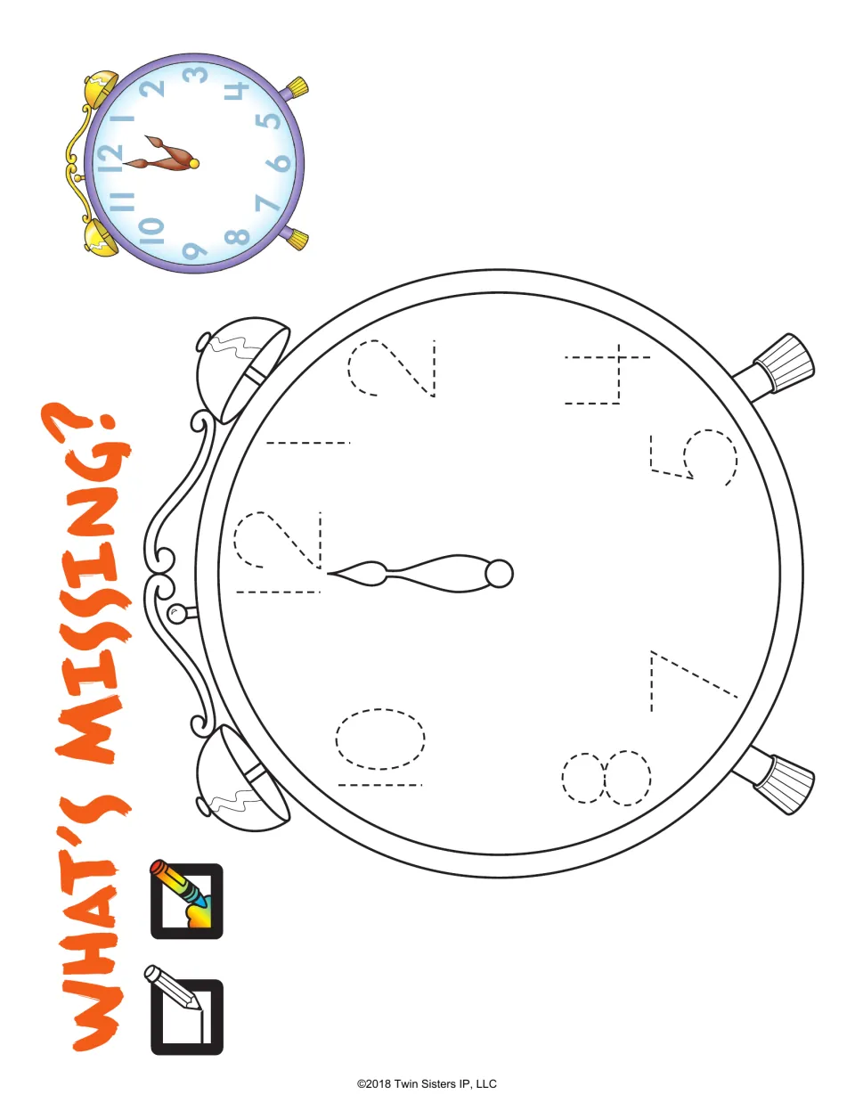 What's Missing? clock numbers: students trace the dashed numerals and write the missing 3, 6, 9 and 11 using a model clock