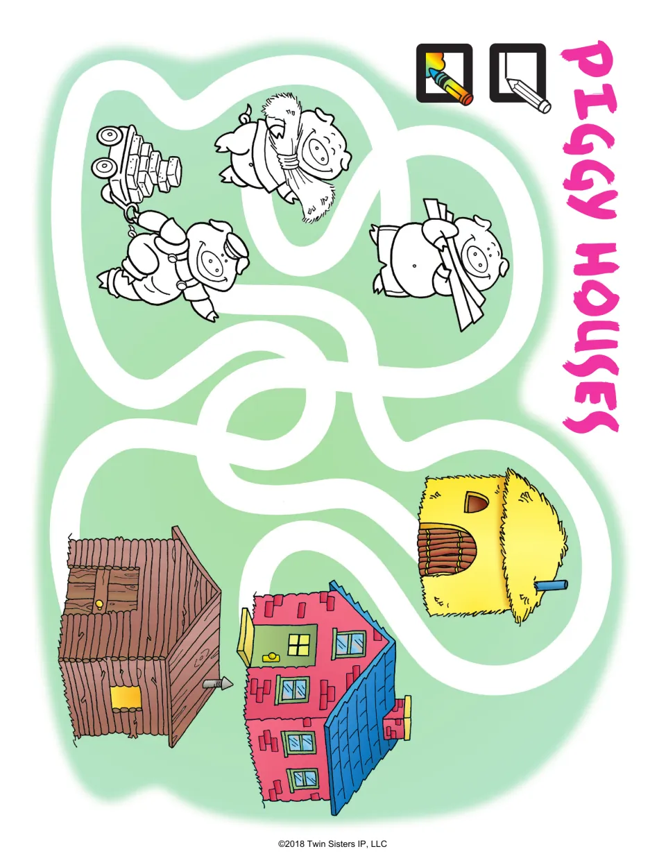 Piggy Houses maze: students trace paths leading each of three pigs, carrying straw, sticks or bricks, to the matching house