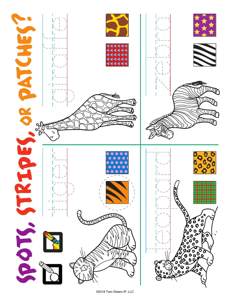 Spots, Stripes, or Patches?: students circle the coat pattern for a giraffe, zebra, tiger and leopard and trace each name