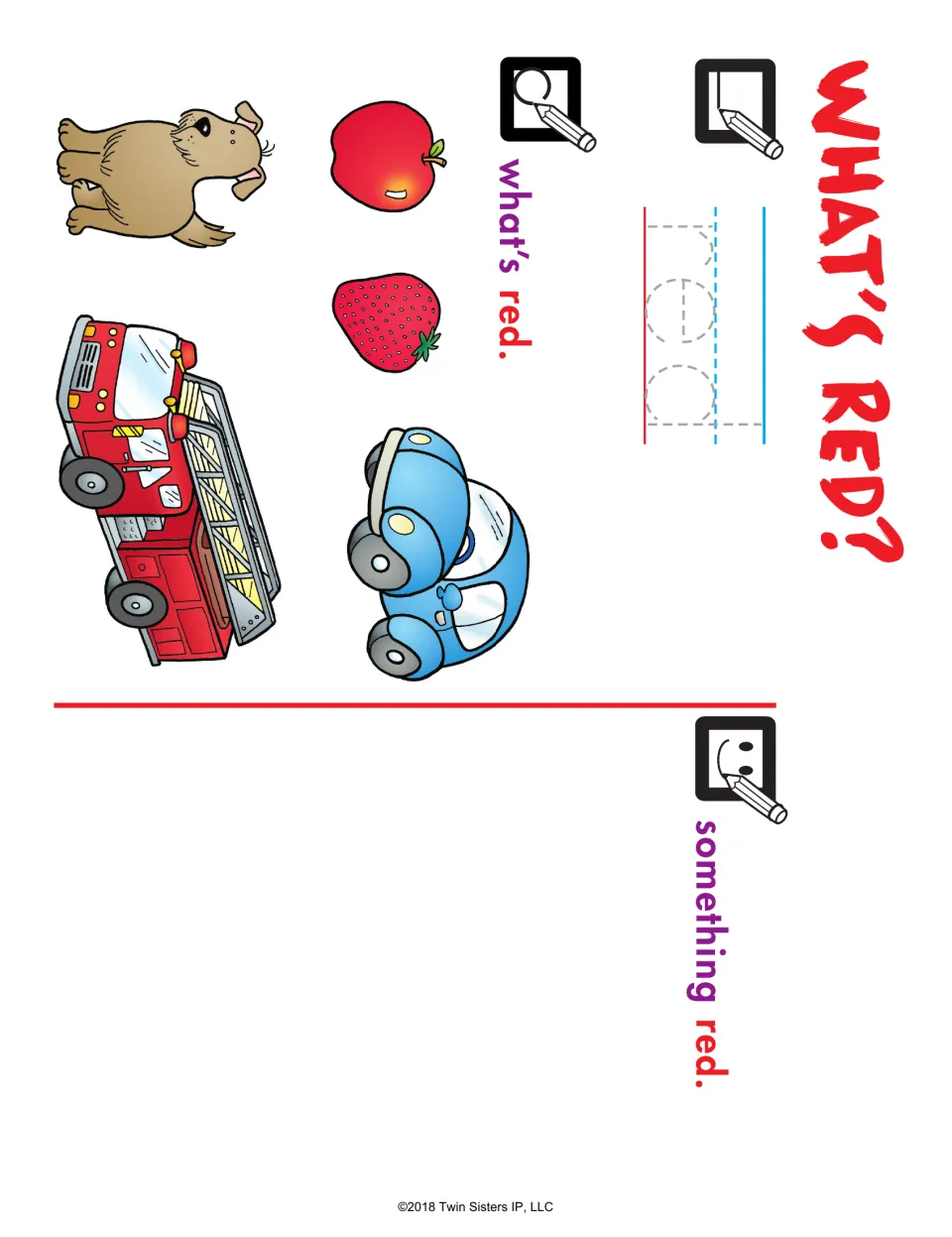 What's Red?: students trace the word red, circle the red apple, strawberry and fire truck, and draw something red