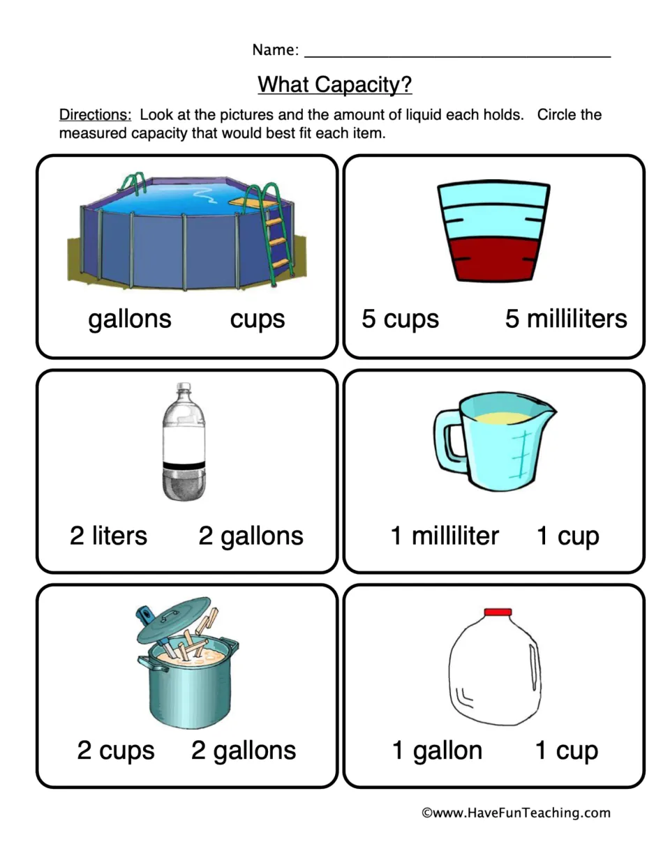 Capacity worksheet: choose units or amounts for a pool, glass, bottle, measuring cup, pot, and gallon jug.