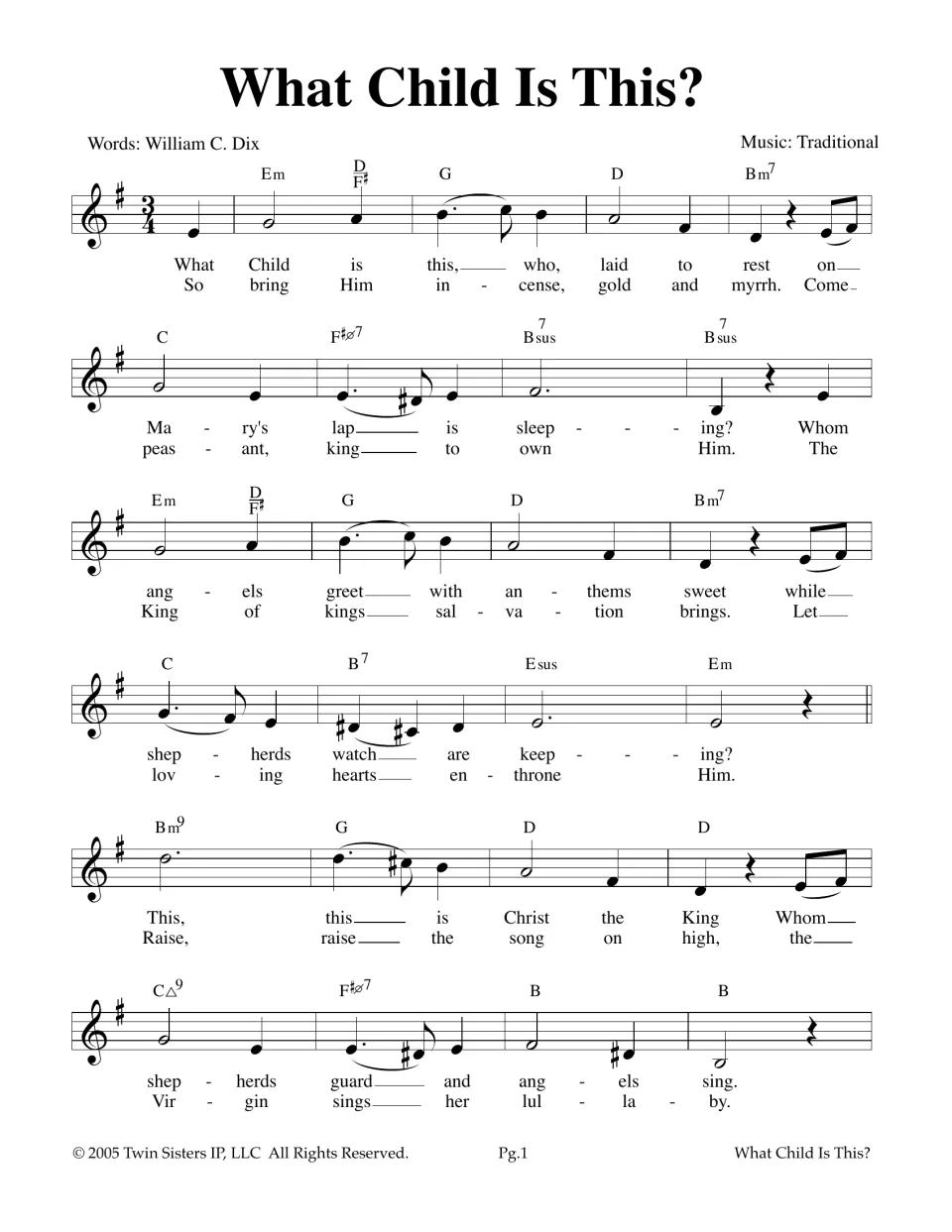 What Child Is This? melody in 3/4 with chord symbols and two verses of William C. Dix lyrics for students to sing