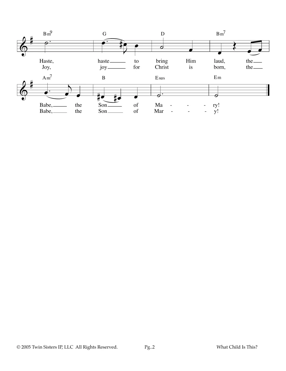 Closing refrain of the carol: final melody lines with chords Bm9 to Em, ending 'Babe, the Son of Mary!' in both verses
