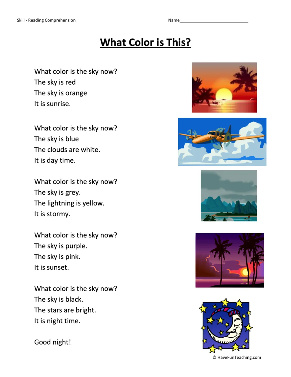 Reading passage about sky colors at sunrise, daytime, during storms, sunset, and night, with illustrations