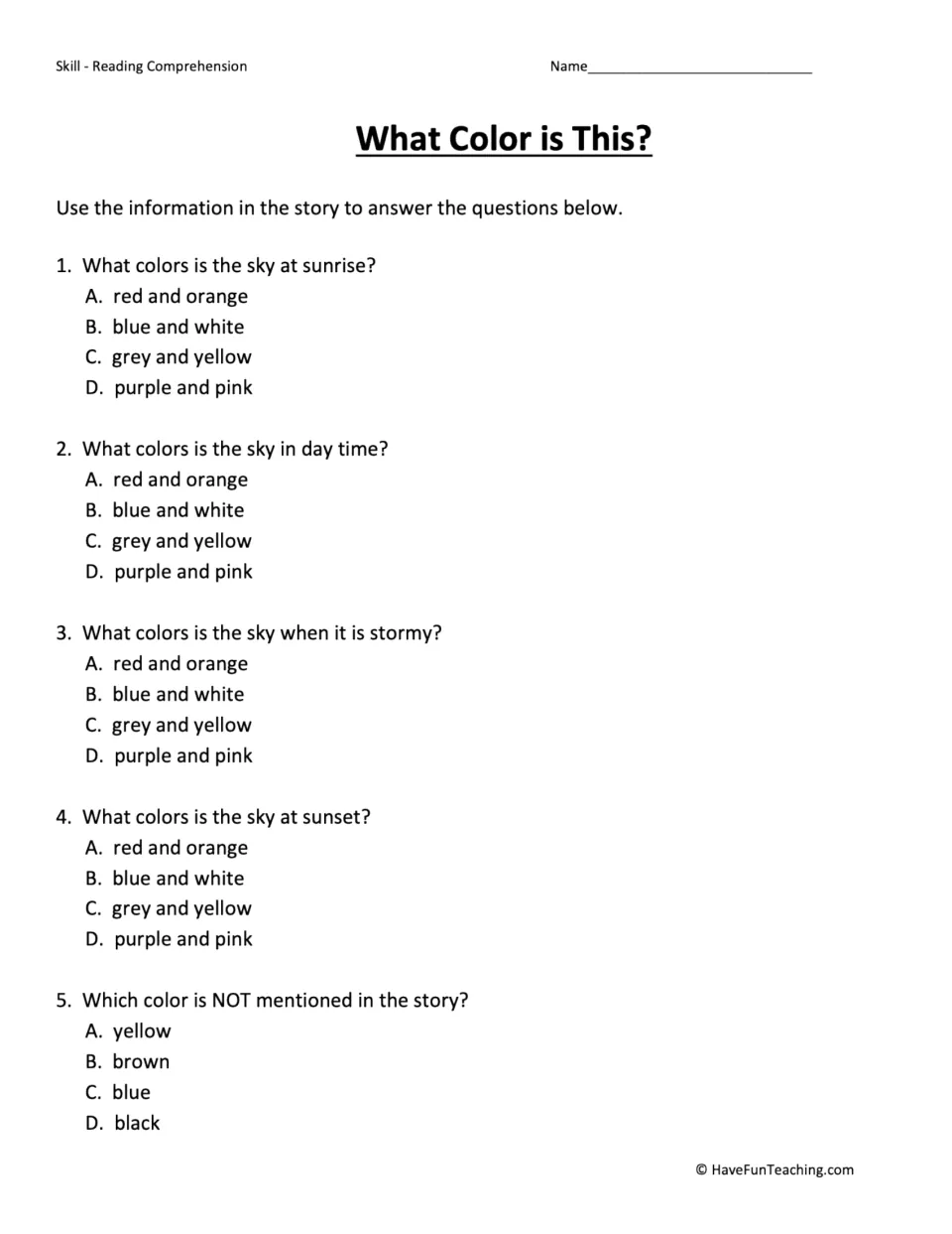 Five multiple-choice questions about sky colors at sunrise, daytime, storms, sunset, and a color not named