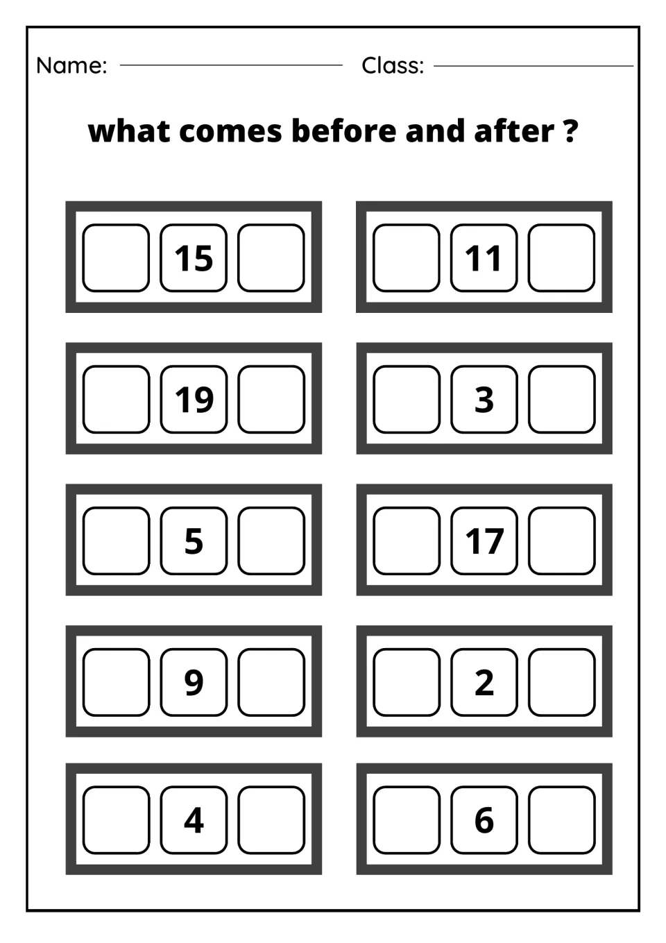 Counting sequence practice: students fill in the number before and after 15, 11, 19, 3, 5, 17, 9, 2, 4 and 6