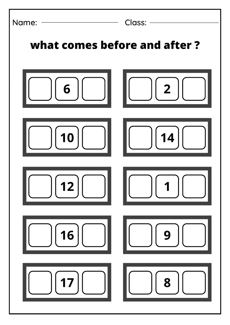Number order to 20: students write one less and one more around 6, 2, 10, 14, 12, 1, 16, 9, 17 and 8