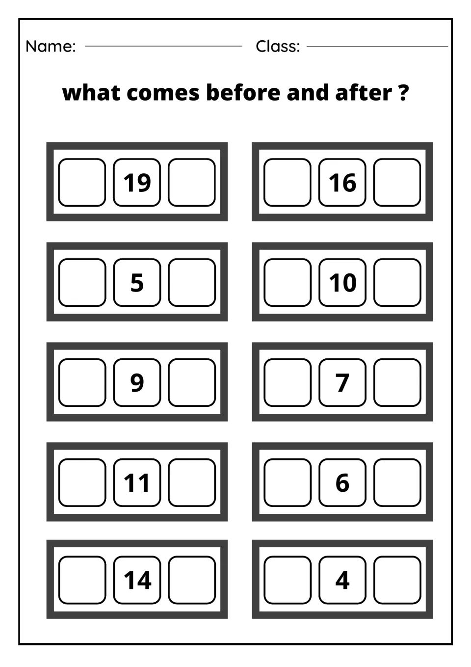 One less and one more: students complete number strips centred on 19, 16, 5, 10, 9, 7, 11, 6, 14 and 4