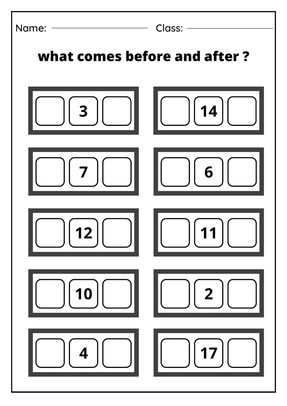 Sequencing numbers: students write the neighbours of 3, 14, 7, 6, 12, 11, 10, 2, 4 and 17 on either side