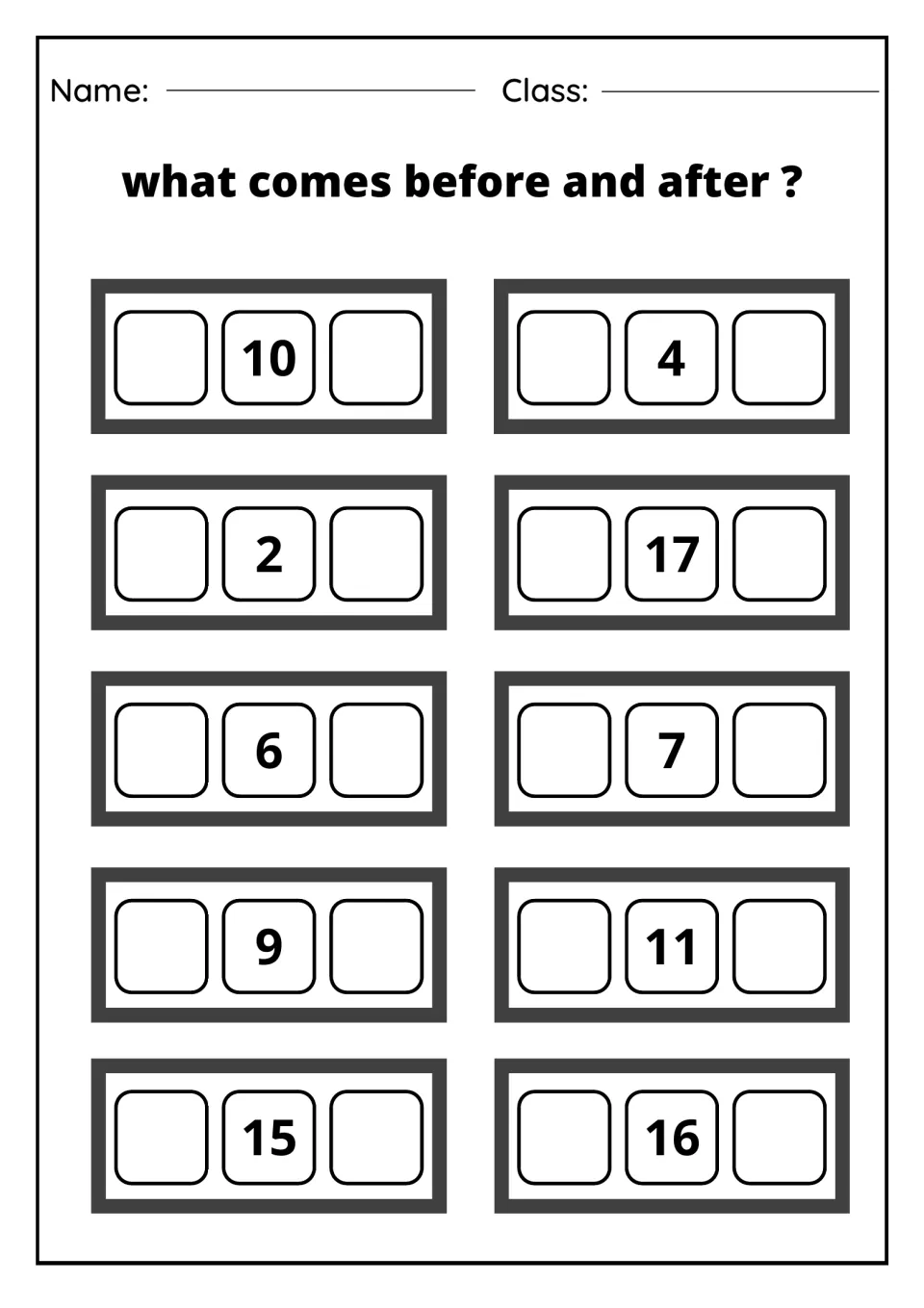 Number neighbours set: students add the numbers before and after 10, 4, 2, 17, 6, 7, 9, 11, 15 and 16