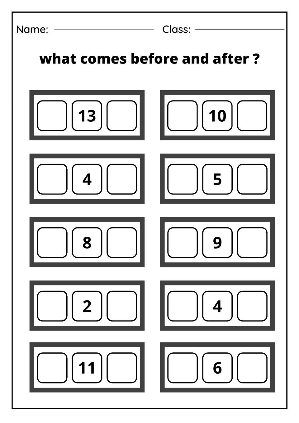 Counting on and back: students write the number that comes before and after 13, 10, 4, 5, 8, 9, 2, 4, 11, 6