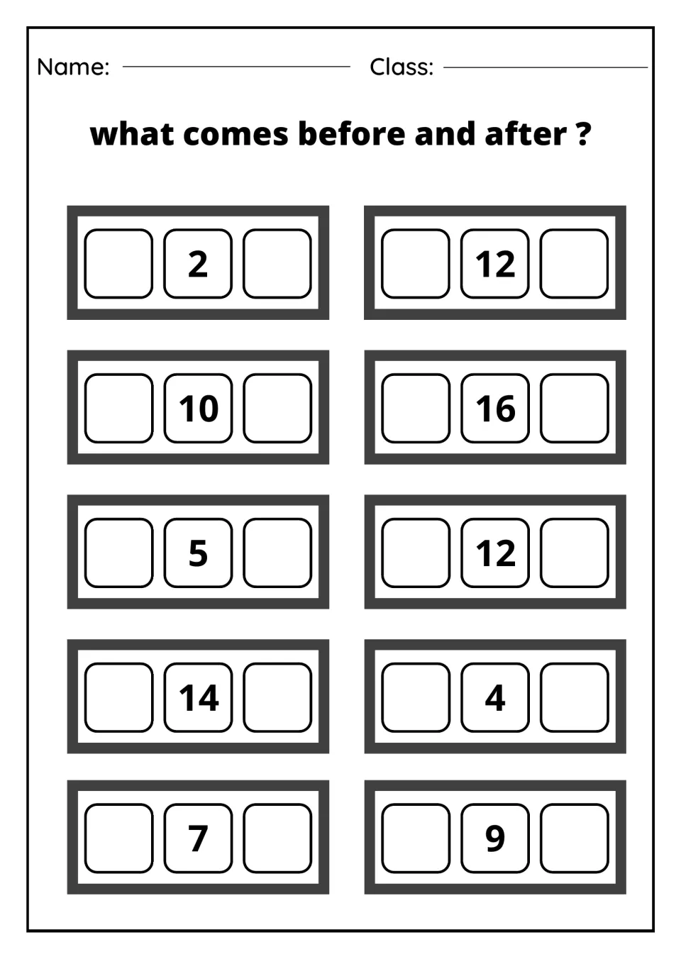 Number order practice: students fill both sides of 2, 12, 10, 16, 5, 12, 14, 4, 7 and 9 with the missing numbers