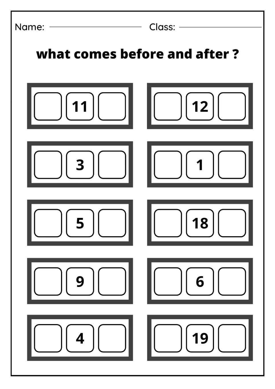 Missing neighbours: students write the numbers on each side of 11, 12, 3, 1, 5, 18, 9, 6, 4 and 19 in order