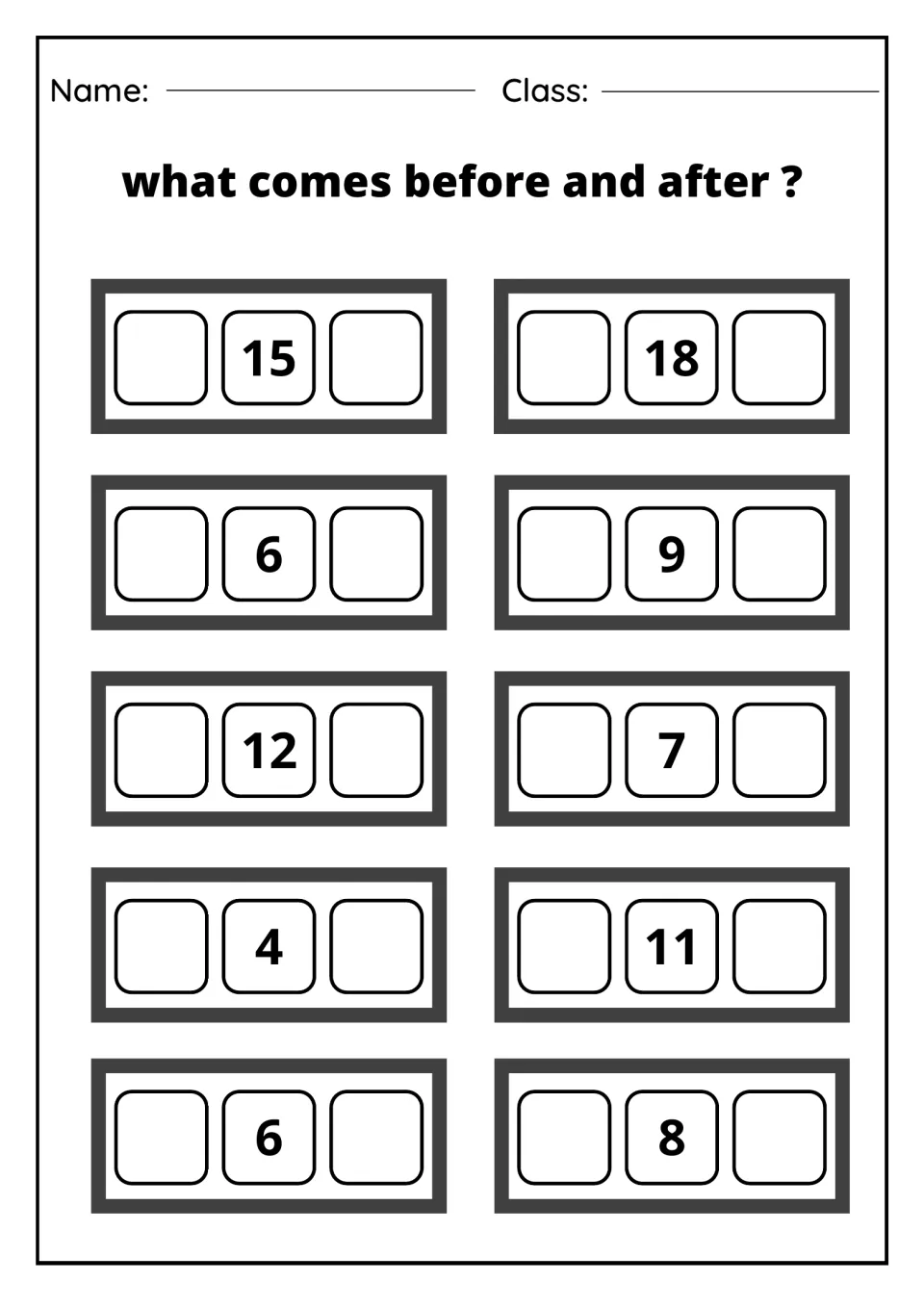 Before and after within 20: students complete the sequence around 15, 18, 6, 9, 12, 7, 4, 11, 6 and 8