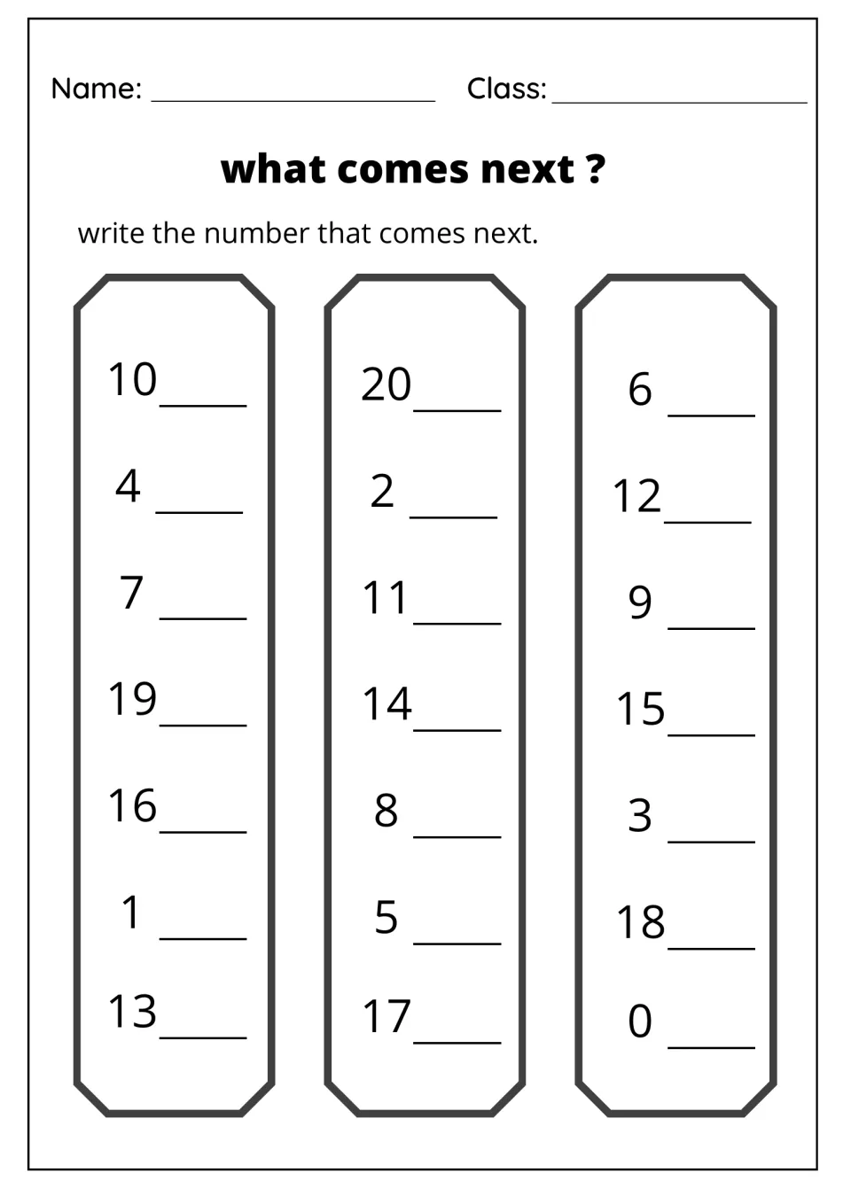 What comes next? Counting on: students write the number after each of 21 numbers from 0 to 20, first row 10, 20 and 6