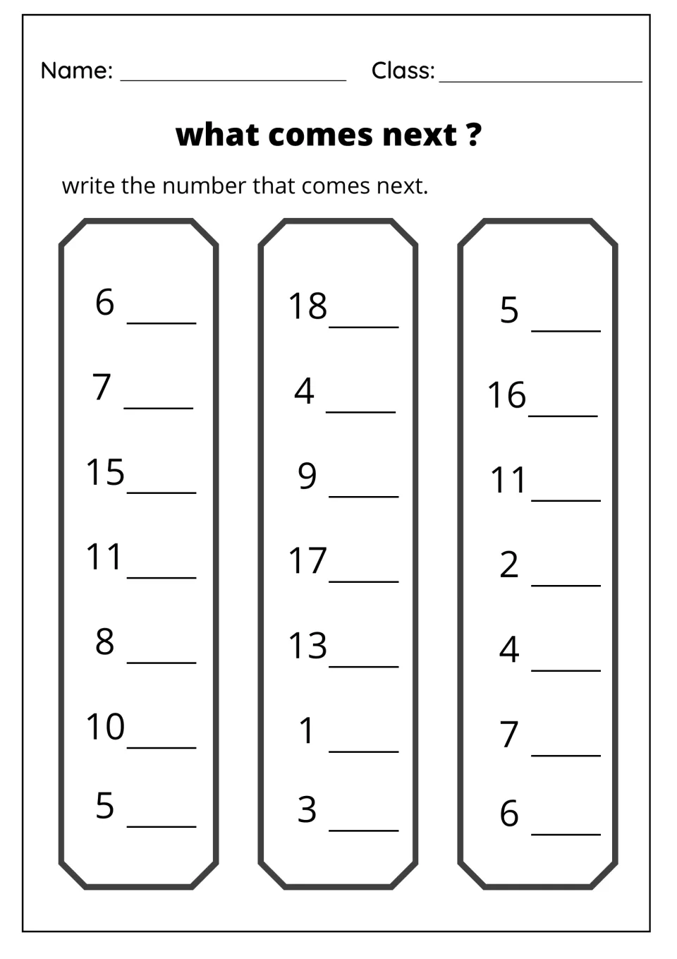 What comes next? Number after: students write the next number beside 21 numbers from 1 to 18, first row 6, 18 and 5