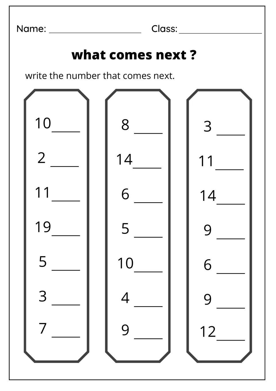 What comes next? Counting on by one: students fill in the number after 21 numbers from 2 to 19, first row 10, 8 and 3