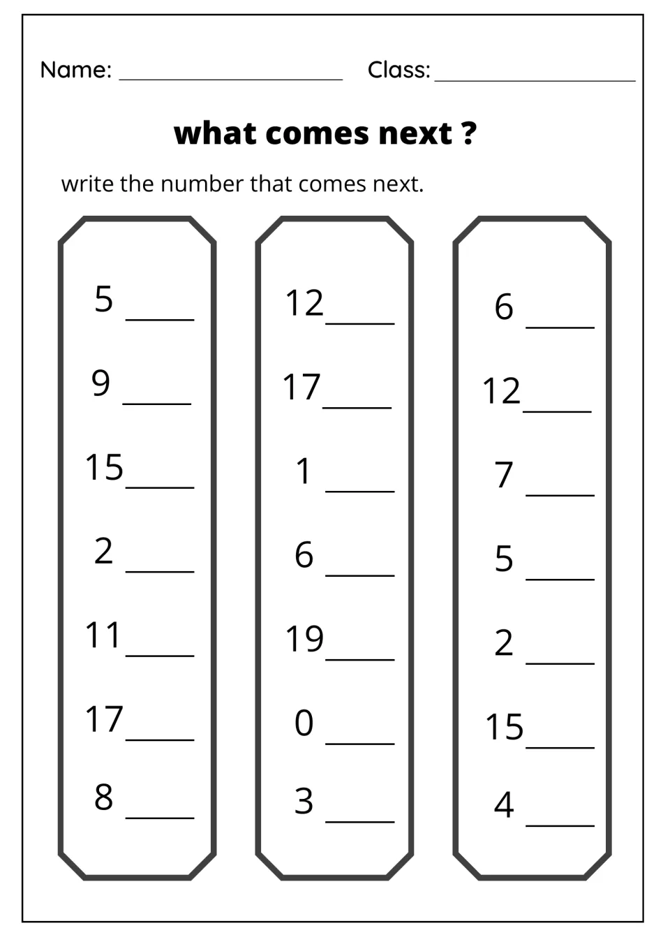 What comes next? Number sequence: students write the number that follows 21 numbers from 0 to 19, first row 5, 12 and 6