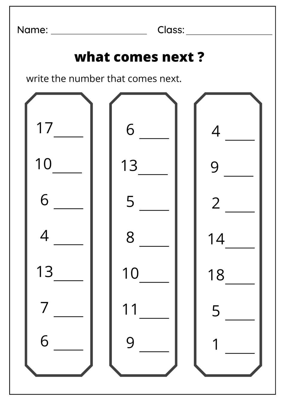 What comes next? One more: students write the next number after 21 numbers from 1 to 18, first row 17, 6 and 4