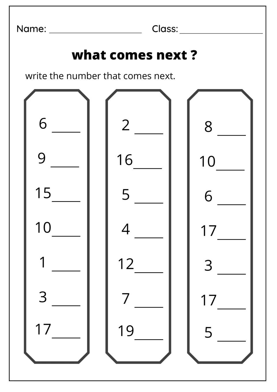 What comes next? Counting on: students write the number after 21 numbers from 1 to 19, first row 6, 2 and 8
