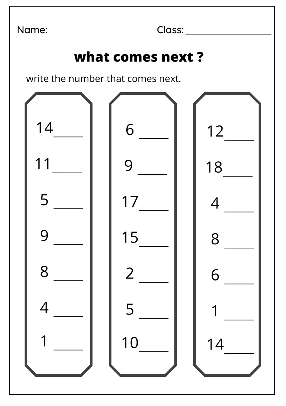 What comes next? Number after: students write what follows each of 21 numbers from 1 to 18, first row 14, 6 and 12