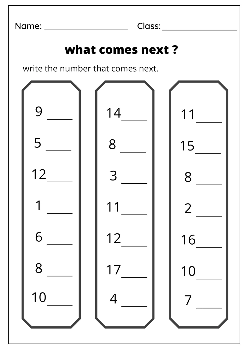 What comes next? Counting forward: students write the next number after 21 numbers from 1 to 17, first row 9, 14 and 11