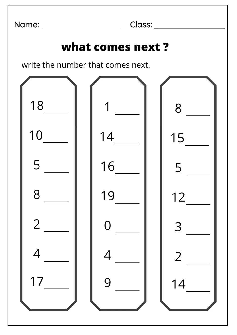 What comes next? Number order: students write the number that follows 21 numbers from 0 to 19, first row 18, 1 and 8
