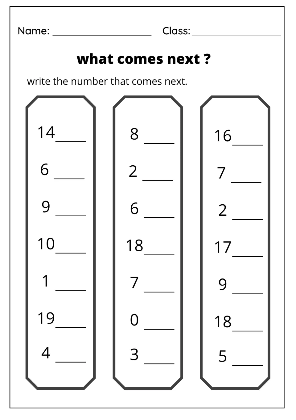 What comes next? One more than: students write the next number beside 21 numbers from 0 to 19, first row 14, 8 and 16