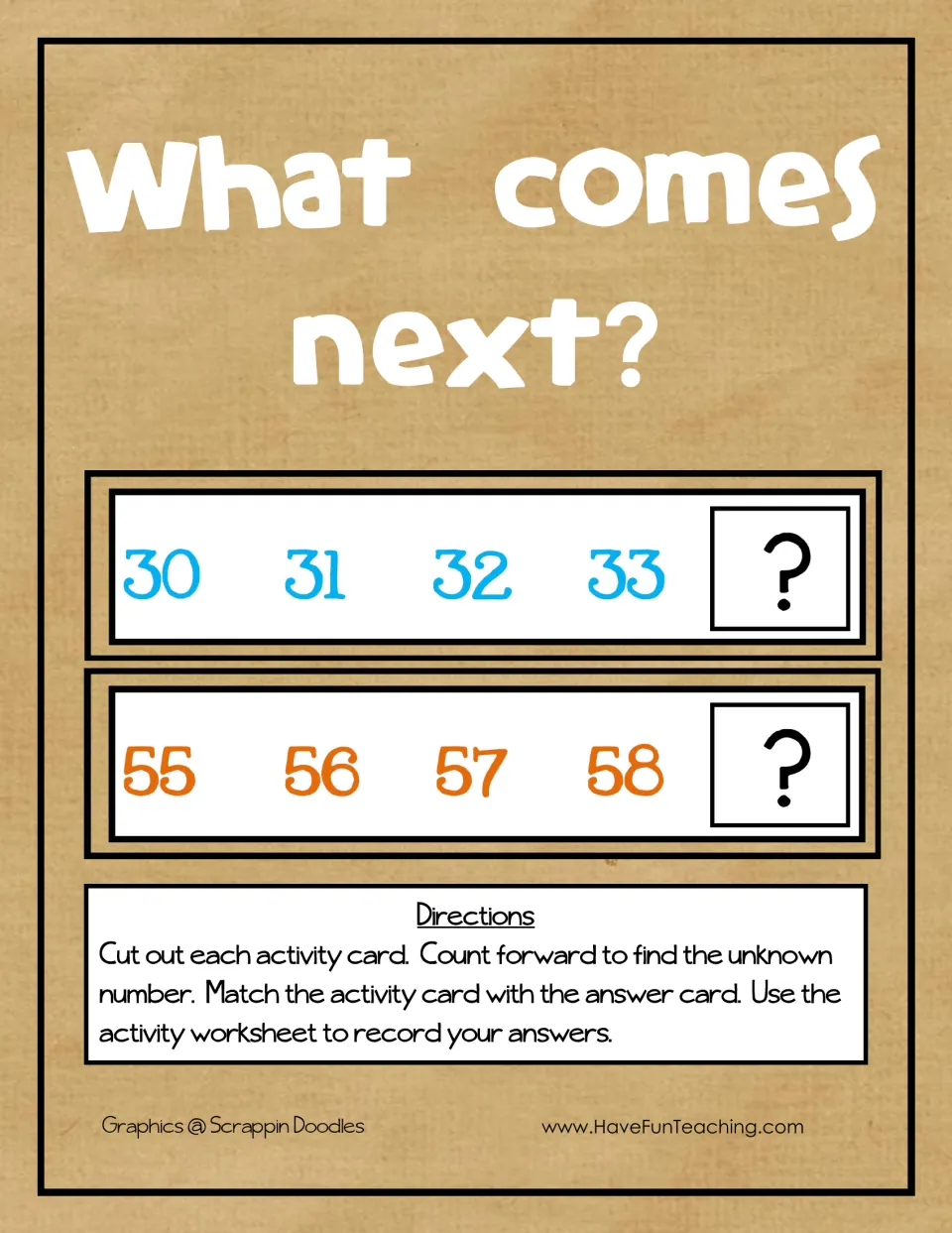 What comes next? cover: sample cards 30 to 33 and 55 to 58 with directions to count forward and match answer cards