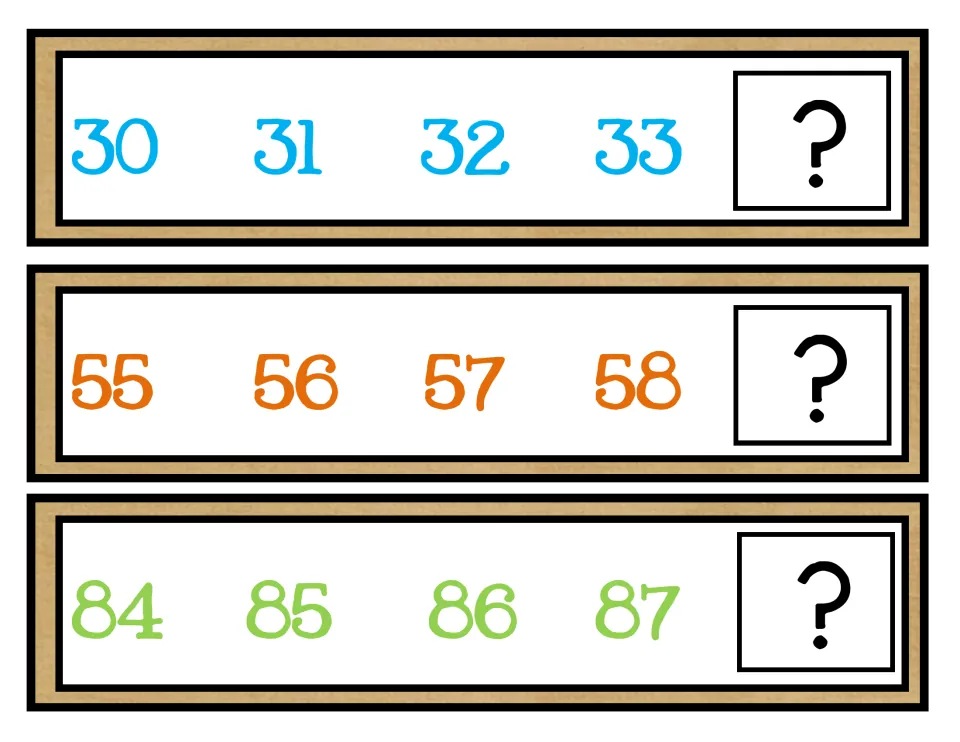 Counting forward cards: students find the missing next number after 30-33, 55-58 and 84-87 on each card ending in ?