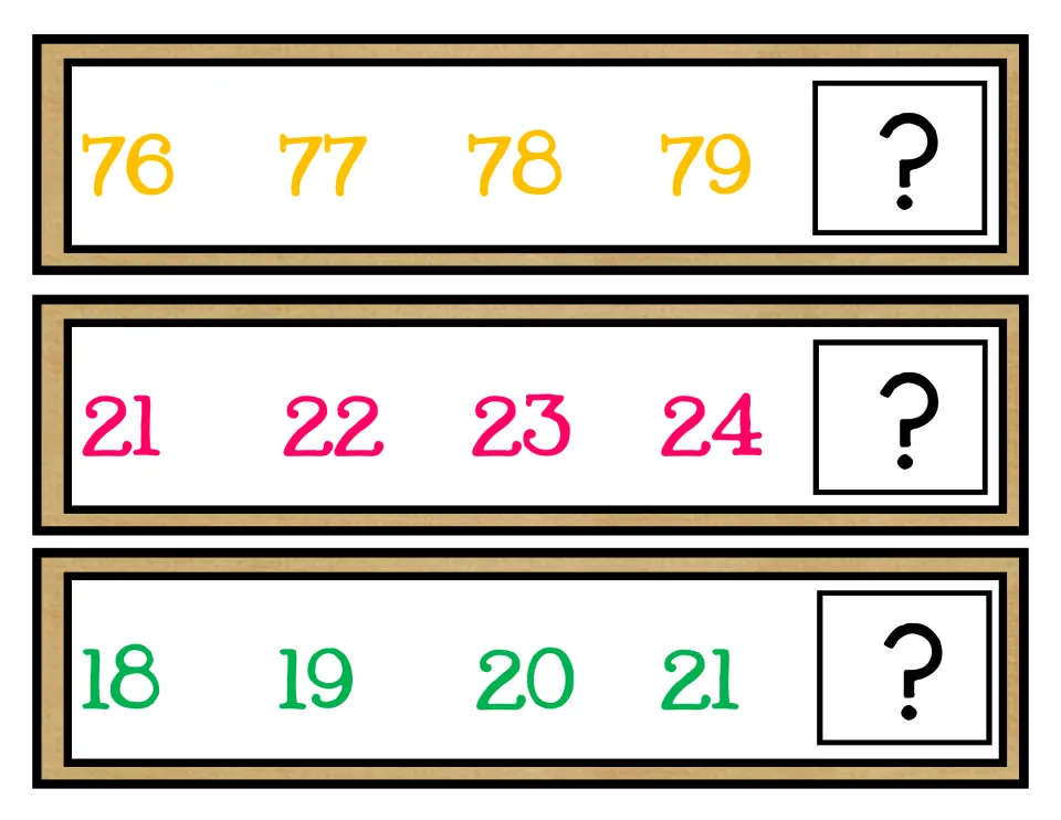 Number sequencing cards: students count on from 76-79, 21-24 and 18-21 to name the number that replaces each ?