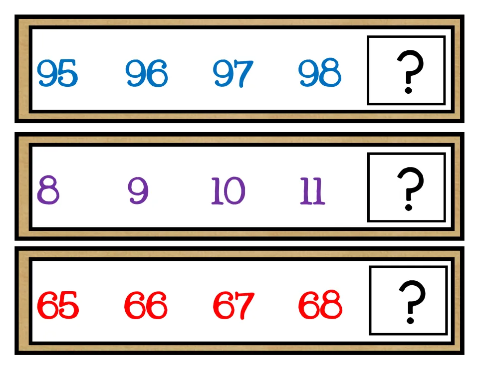 Count-on task cards: students work out the number that follows 95-98, 8-11 and 65-68 on the last three cards