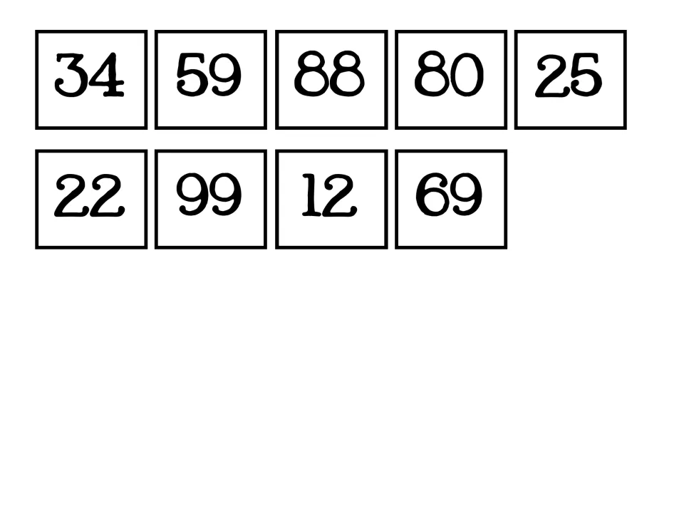 Answer cards to cut out: numbers 34, 59, 88, 80, 25, 22, 99, 12 and 69 for matching to each counting sequence card