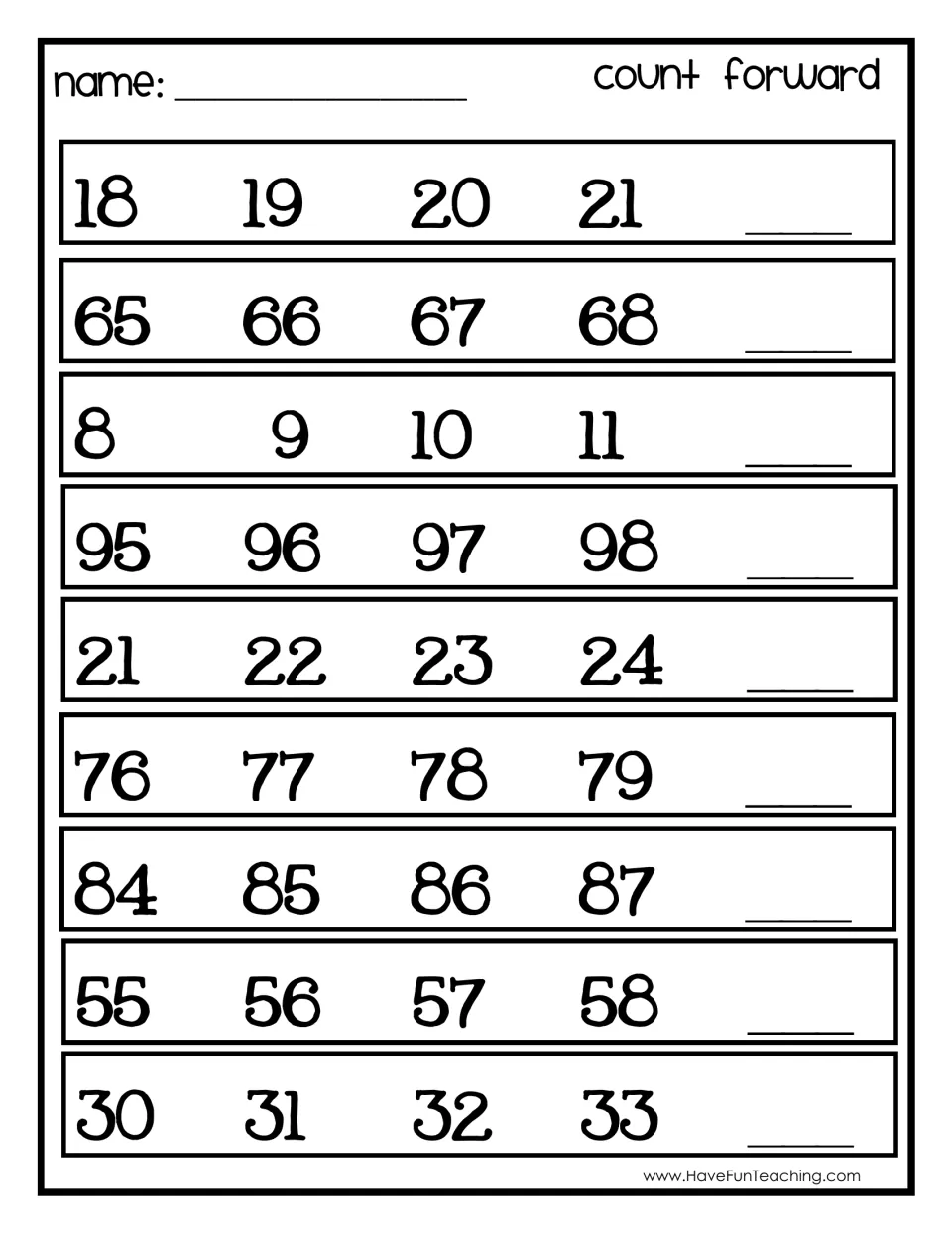 Count forward recording sheet: students write the next number after nine four-number runs, from 8-11 up to 95-98