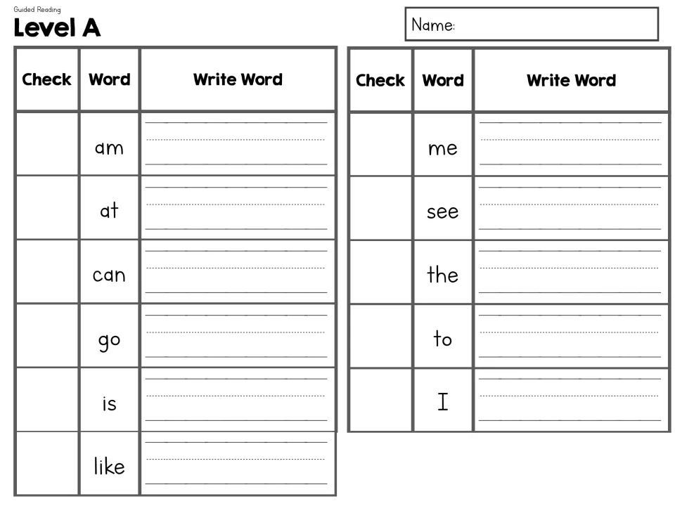 Level A sight-word tracking and writing sheet lists am, at, can, go, is, like, me, see, the, to, and I.
