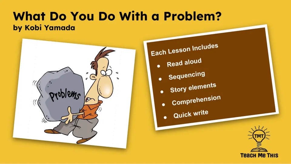 Book study overview naming Kobi Yamada and listing read-aloud, sequencing, story elements, and two more
