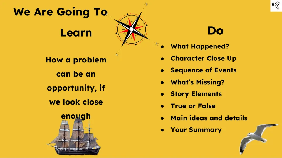 Book study goals introduce problems as opportunities and list eight tasks, including sequencing and summary
