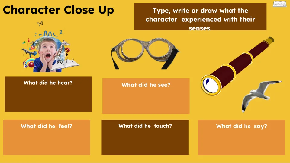 Character Close Up activity asks what the character heard, saw, felt, touched, and said during the story