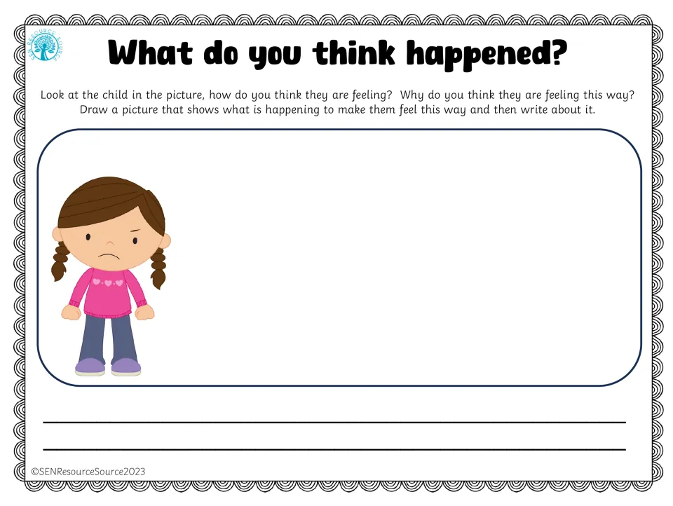 Inferring feelings: a frowning girl in a pink heart sweater; students draw what made her feel this way, then write about it