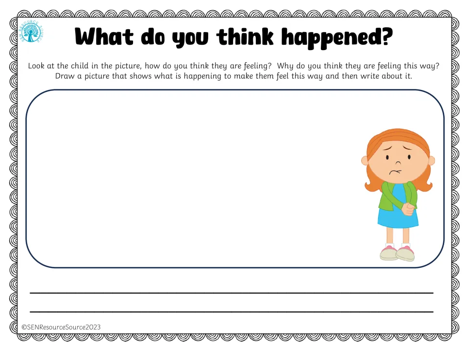 Emotion inference: a worried red-haired girl clasping her hands; students draw the cause of her feeling and explain it
