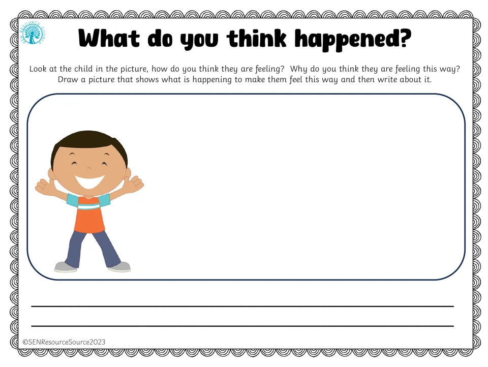 Reading emotions: a grinning boy with arms spread wide; students draw what happened to make him so happy and write about it