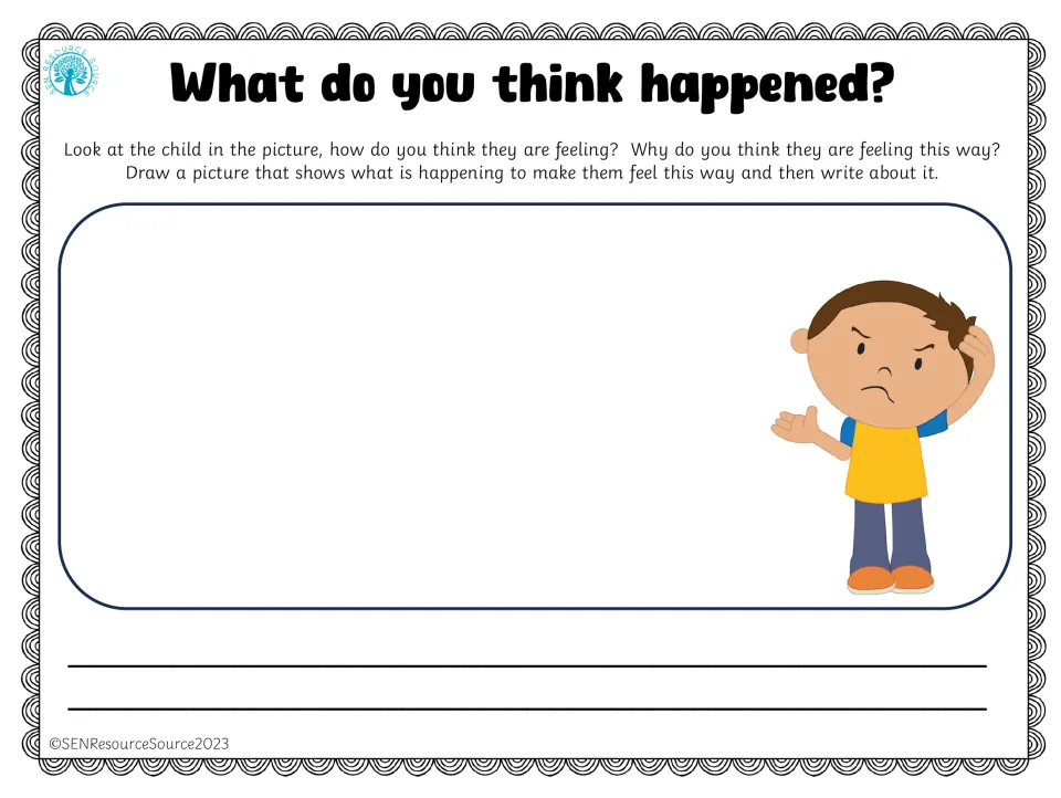 Feelings and causes: a puzzled boy scratching his head with a frown; students draw why he feels confused and explain it