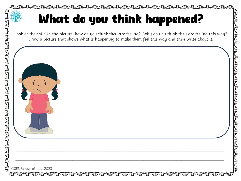 Inferring sadness: a downcast girl with black pigtails in a pink top; students draw what upset her, then write why