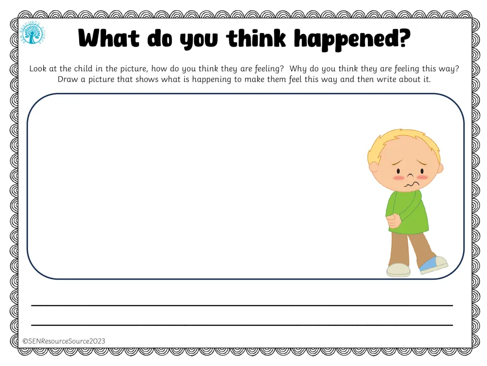 Social cues practice: a blushing blond boy looks shy; students draw what caused this feeling and describe it in writing
