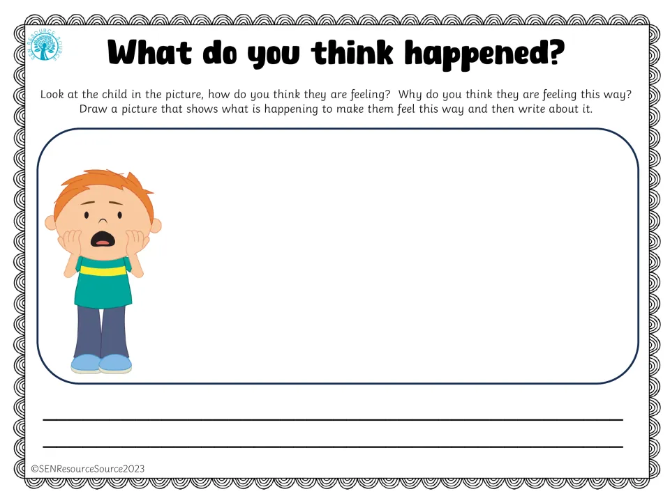 Emotion detective task: a shocked red-haired boy with hands on his cheeks; students draw what scared him and write about it