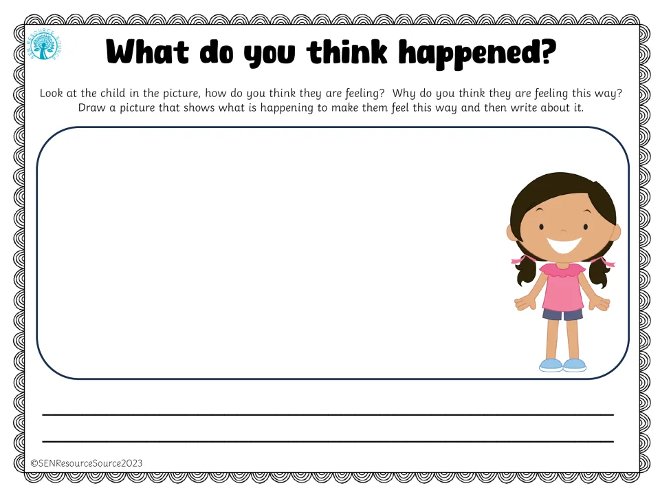 Reading happy faces: a smiling girl with pigtails and open arms; students draw what led to her smile and write about it