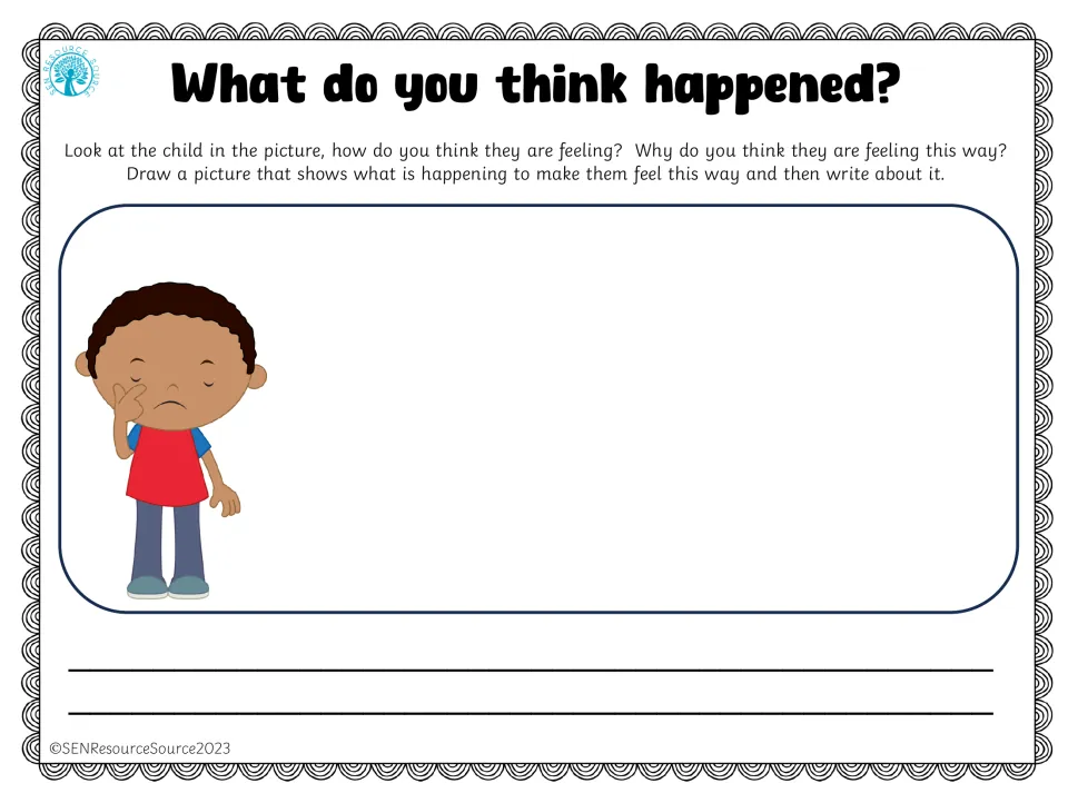 Understanding upset feelings: a boy in a red shirt wiping his eye; students draw what made him cry and write an explanation
