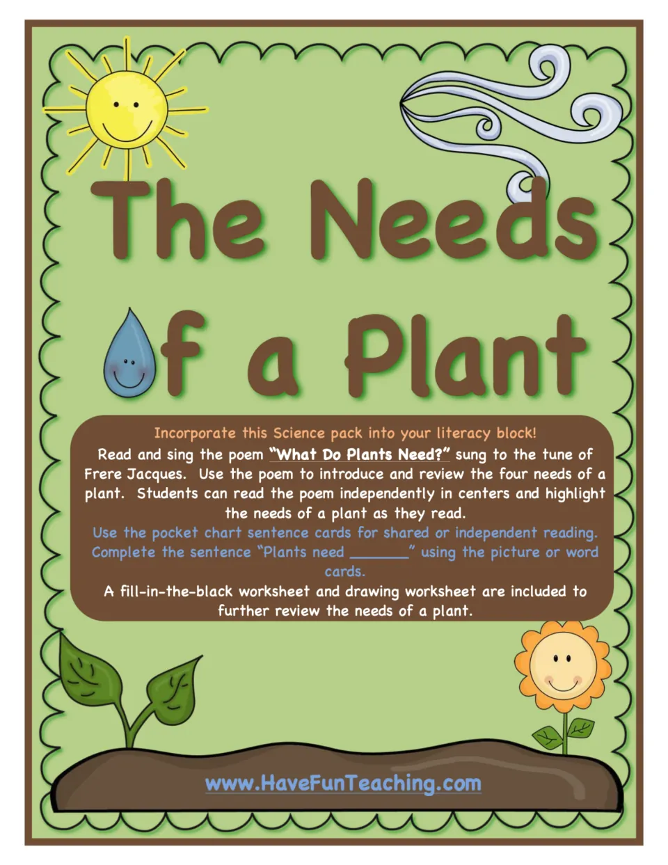 Plant-needs activity cover introduces a singable poem, pocket-chart sentence cards, and review worksheets.