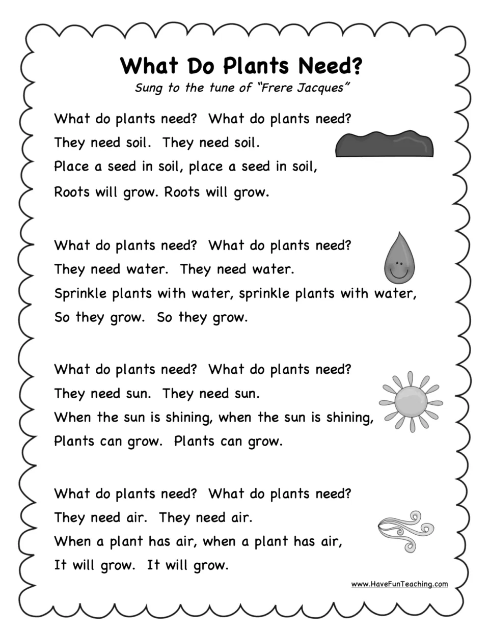 Illustrated black-and-white plant-needs poem pairs verses about soil, water, sun, and air with matching pictures.